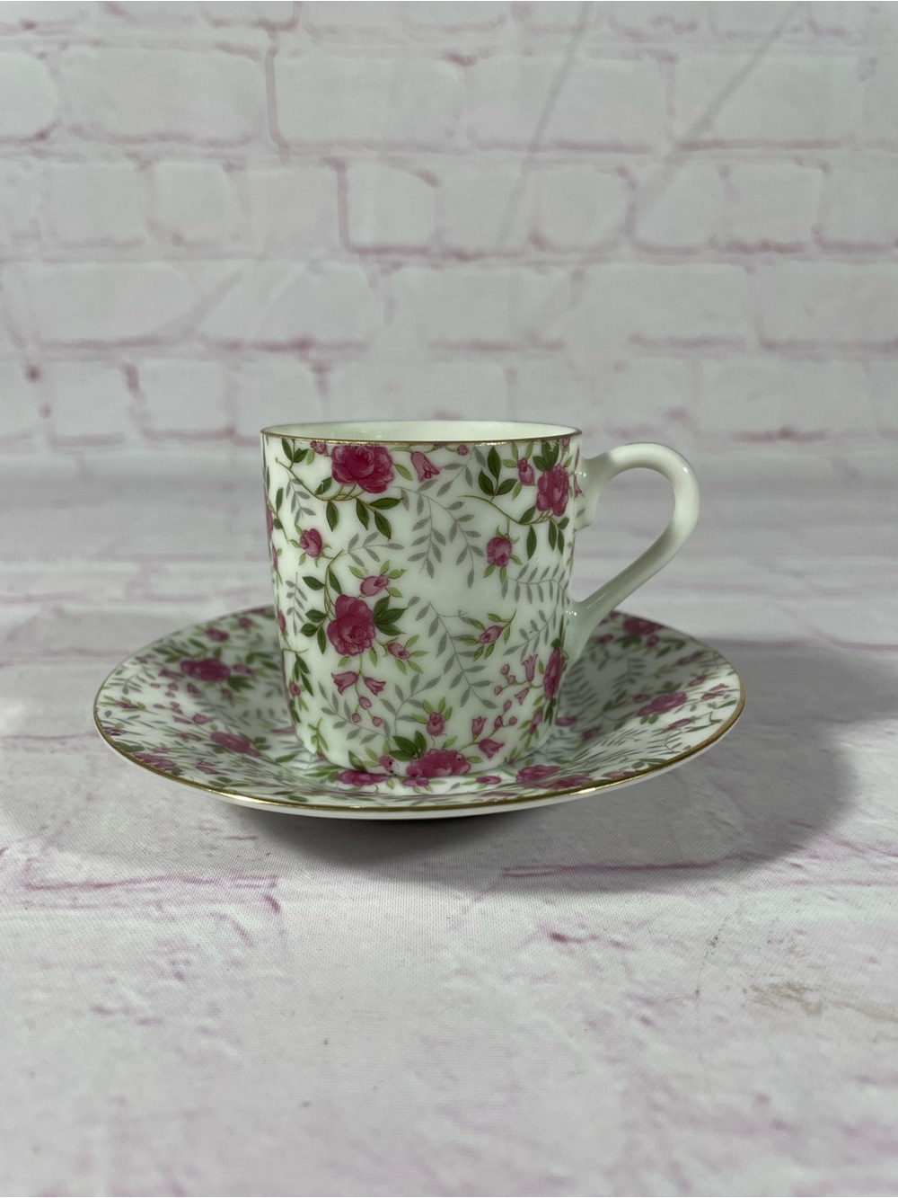 Vintage Chintz Pink Rose Floral Porcelain Demitasse Cup and Saucer Set Japan